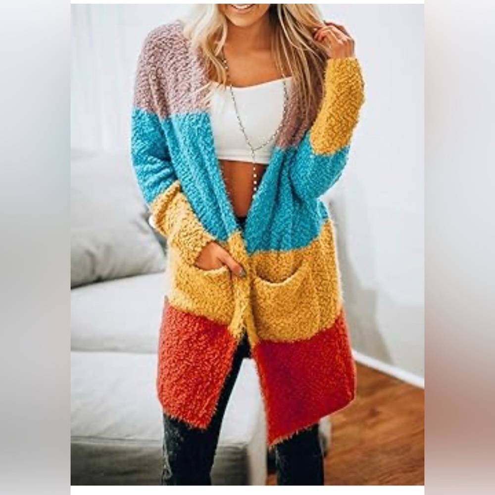 Amazon Women's Popcorn Knit Colorblock Open Front Pockets Cardigan